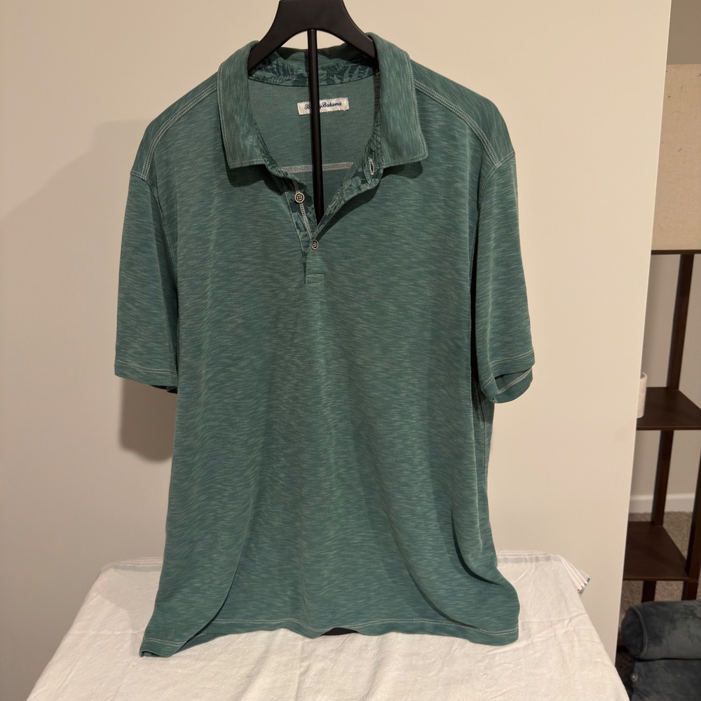Tommy Bahama Mens XXL Polo Shirt Teal Green Slub Knit Floral Trim Marlin Logo